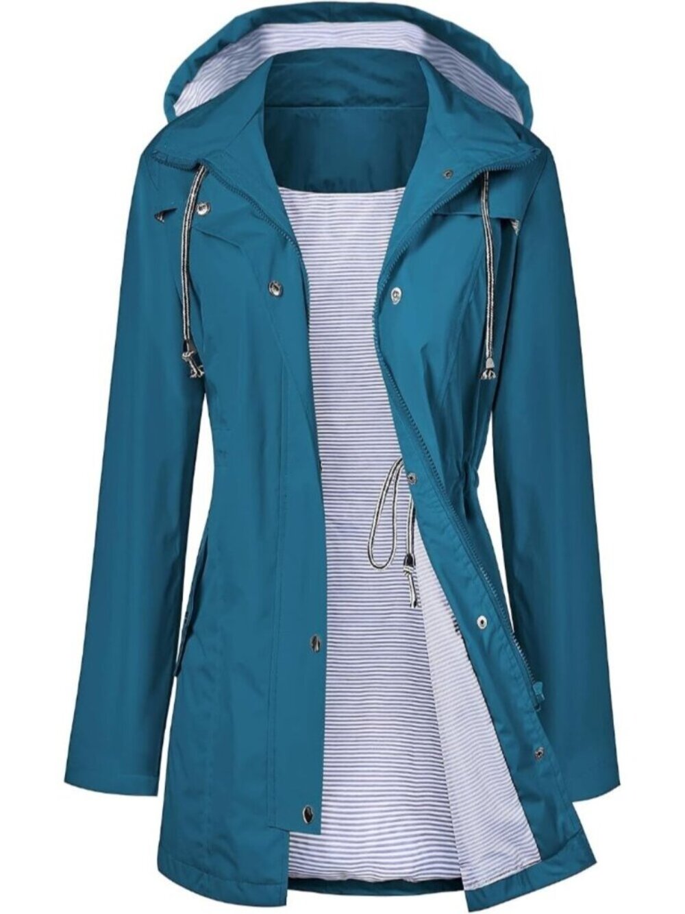Women Deep Green Hooded Waterproof Adjustable Drawstring Windbreaker Trench Coat